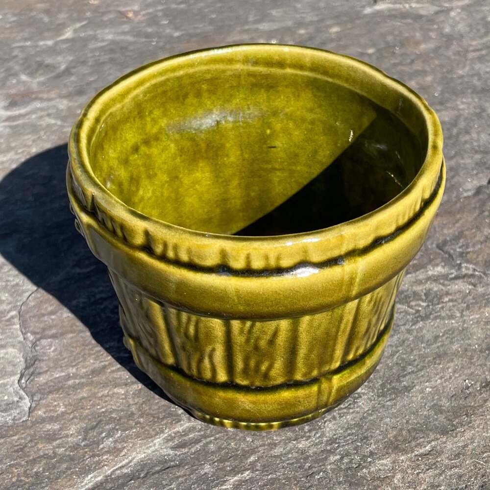 Vintage Olive Green Ceramic Barrel Planter